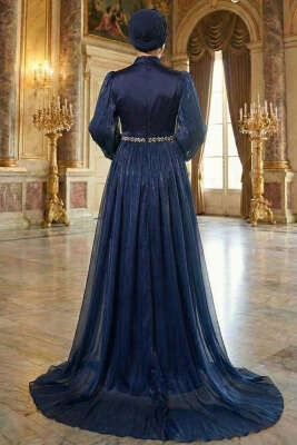 Bel Taşlı Pelerinli Abiye Elbise Lacivert - Elbise