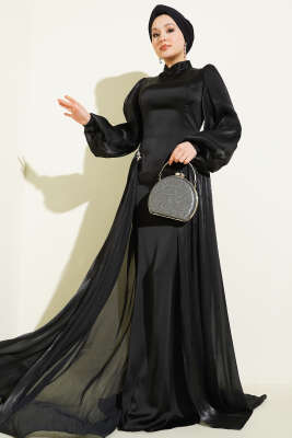 Bel Taşlı Pelerinli Abiye Elbise Siyah - CNR TEKSTİL