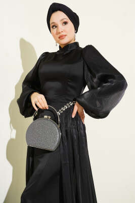 Bel Taşlı Pelerinli Abiye Elbise Siyah - Elbise