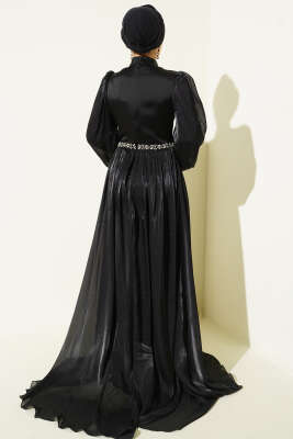 Bel Taşlı Pelerinli Abiye Elbise Siyah - Elbise