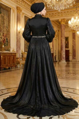 Bel Taşlı Pelerinli Abiye Elbise Siyah - Elbise