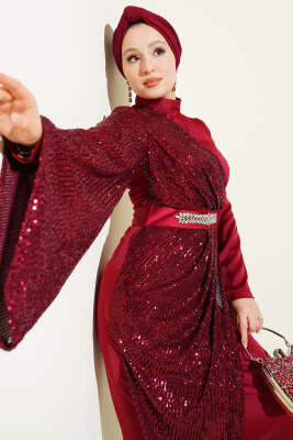 Bel Taşlı Pul Payet Detaylı Abiye Elbise Bordo - CNR TEKSTİL