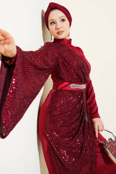Bel Taşlı Pul Payet Detaylı Abiye Elbise Bordo - Elbise