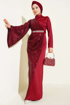 Bel Taşlı Pul Payet Detaylı Abiye Elbise Bordo - Elbise