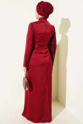 Bel Taşlı Pul Payet Detaylı Abiye Elbise Bordo - Elbise