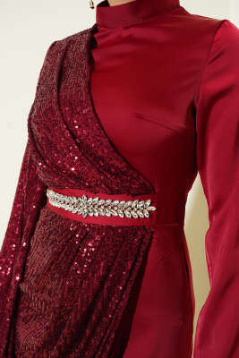 Bel Taşlı Pul Payet Detaylı Abiye Elbise Bordo - Elbise