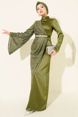 Bel Taşlı Pul Payet Detaylı Abiye Elbise Haki - CNR TEKSTİL