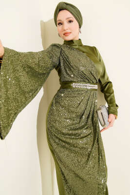 Bel Taşlı Pul Payet Detaylı Abiye Elbise Haki - Elbise
