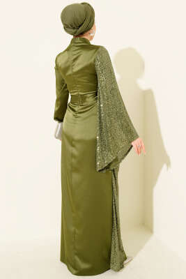 Bel Taşlı Pul Payet Detaylı Abiye Elbise Haki - Elbise