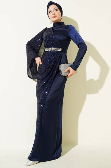 Bel Taşlı Pul Payet Detaylı Abiye Elbise Lacivert - Elbise