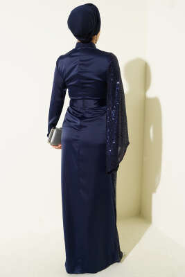 Bel Taşlı Pul Payet Detaylı Abiye Elbise Lacivert - Elbise