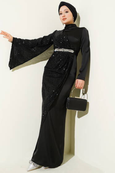 Bel Taşlı Pul Payet Detaylı Abiye Elbise Siyah - Elbise
