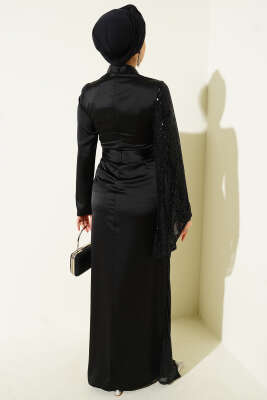 Bel Taşlı Pul Payet Detaylı Abiye Elbise Siyah - Elbise