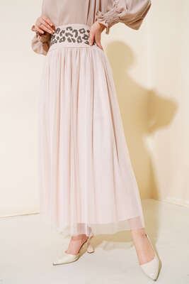 Bel Taşlı Tül Etek Pudra 