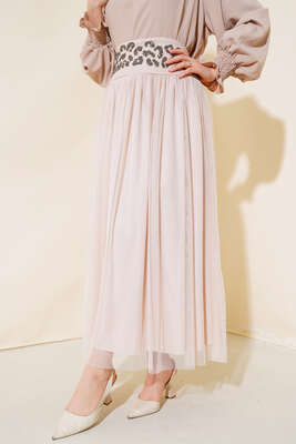 Bel Taşlı Tül Etek Pudra - Etek