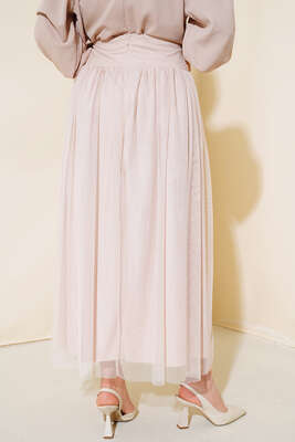 Bel Taşlı Tül Etek Pudra - Etek