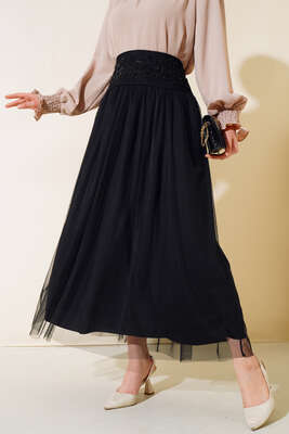 Bel Taşlı Tül Etek Siyah - Etek