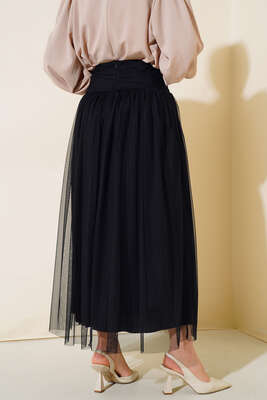 Bel Taşlı Tül Etek Siyah - Etek