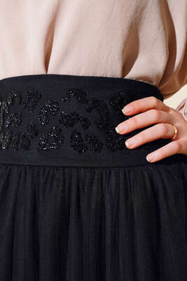 Bel Taşlı Tül Etek Siyah - Etek