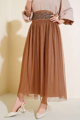Bel Taşlı Tül Etek Taba - Etek