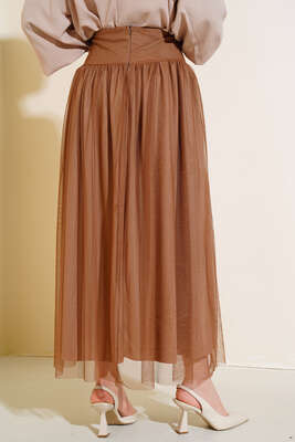 Bel Taşlı Tül Etek Taba - Etek