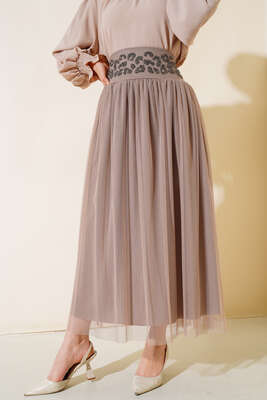 Bel Taşlı Tül Etek Vizon - Etek