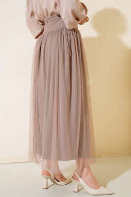 Bel Taşlı Tül Etek Vizon - Etek