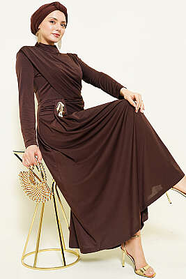 Bel Toka Detaylı Abiye Elbise Acı Kahve 