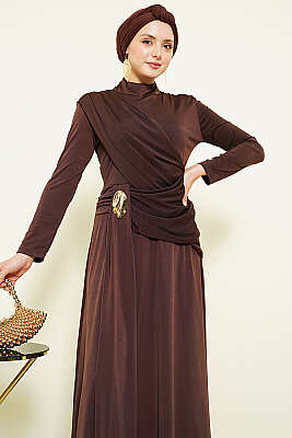 Bel Toka Detaylı Abiye Elbise Acı Kahve - Elbise