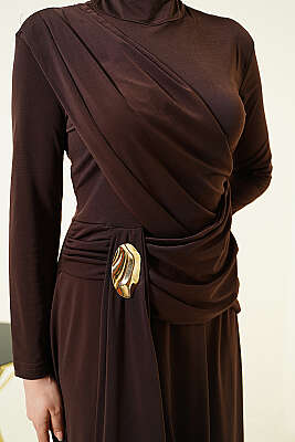 Bel Toka Detaylı Abiye Elbise Acı Kahve - Elbise