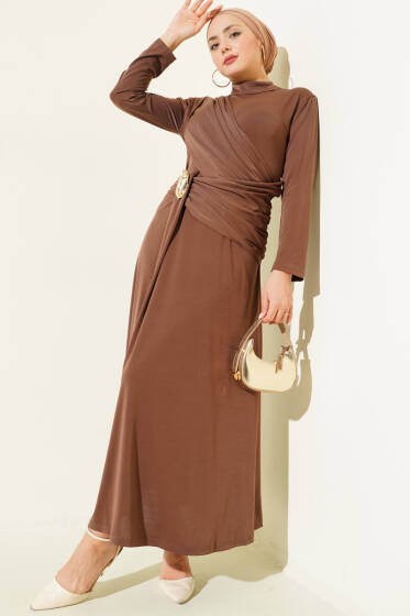 Bel Toka Detaylı Abiye Elbise Kahve - Elbise