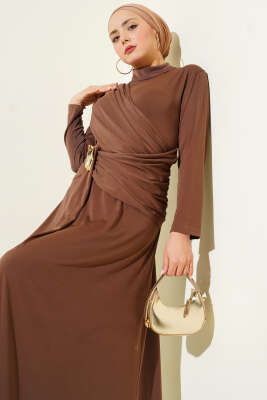 Bel Toka Detaylı Abiye Elbise Kahve - Elbise