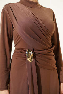 Bel Toka Detaylı Abiye Elbise Kahve - Elbise