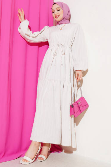 Bel Tünelli Ağaç Kabuğu Kat Elbise Bej - Elbise