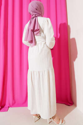 Bel Tünelli Ağaç Kabuğu Kat Elbise Bej - Tesettür Elbise