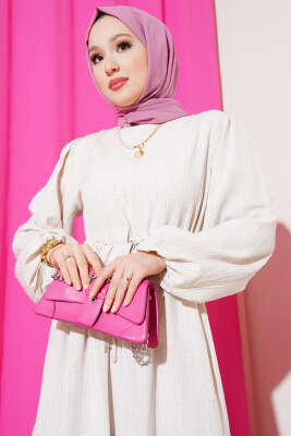 Bel Tünelli Ağaç Kabuğu Kat Elbise Bej - Tesettür Elbise