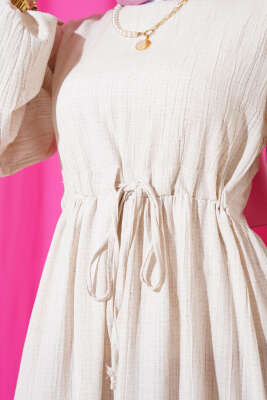 Bel Tünelli Ağaç Kabuğu Kat Elbise Bej - Tesettür Elbise