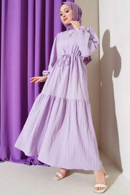 Bel Tünelli Ağaç Kabuğu Kat Elbise Lila - Tesettür Elbise