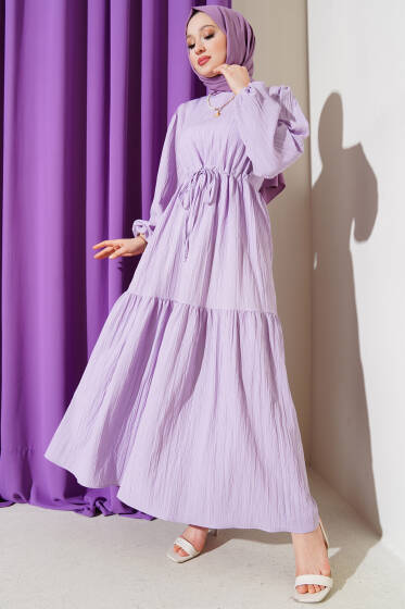 Bel Tünelli Ağaç Kabuğu Kat Elbise Lila - Tesettür Elbise