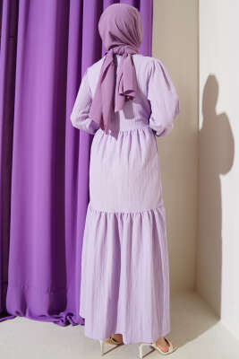 Bel Tünelli Ağaç Kabuğu Kat Elbise Lila - Tesettür Elbise