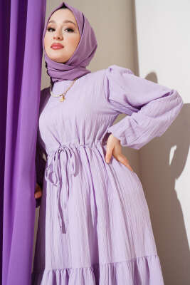 Bel Tünelli Ağaç Kabuğu Kat Elbise Lila - Tesettür Elbise