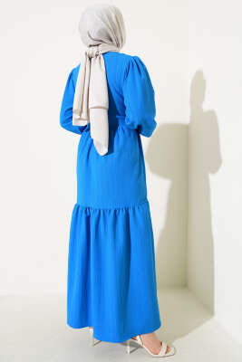 Bel Tünelli Ağaç Kabuğu Kat Elbise Mavi - Tesettür Elbise