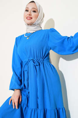Bel Tünelli Ağaç Kabuğu Kat Elbise Mavi - Tesettür Elbise