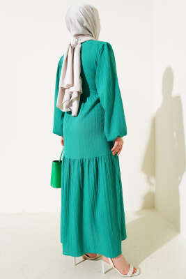 Bel Tünelli Ağaç Kabuğu Kat Elbise Yeşil - Tesettür Elbise