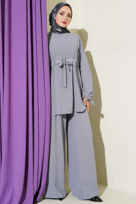 Bel Tünelli Ayrobin Tunik İkili Takım Gri - BIGDART