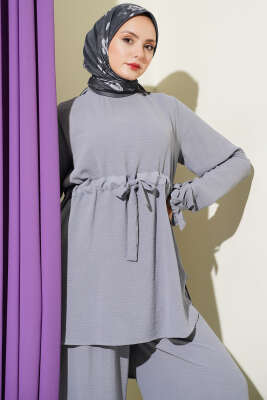 Bel Tünelli Ayrobin Tunik İkili Takım Gri - İkili Takım