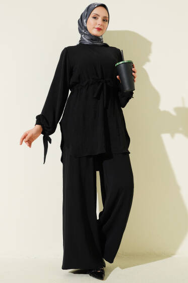 Bel Tünelli Ayrobin Tunik İkili Takım Siyah - İkili Takım