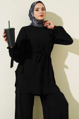 Bel Tünelli Ayrobin Tunik İkili Takım Siyah - İkili Takım