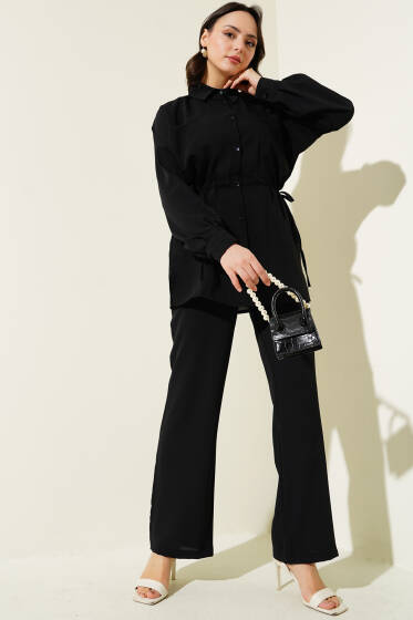 Bel Tünelli Bağcıklı Linda İkili Takım Siyah - İkili Takım