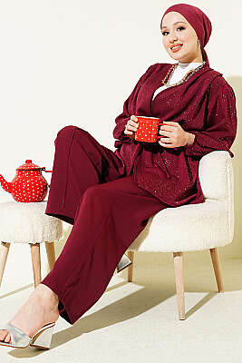 Bel Tünelli Bağlamalı Simli İkili Takım Bordo - HATUN